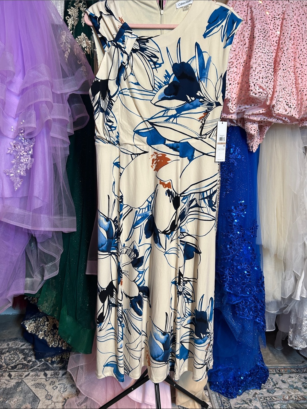 Calvin Klein Cream Midi Dress with Blue Floral Print